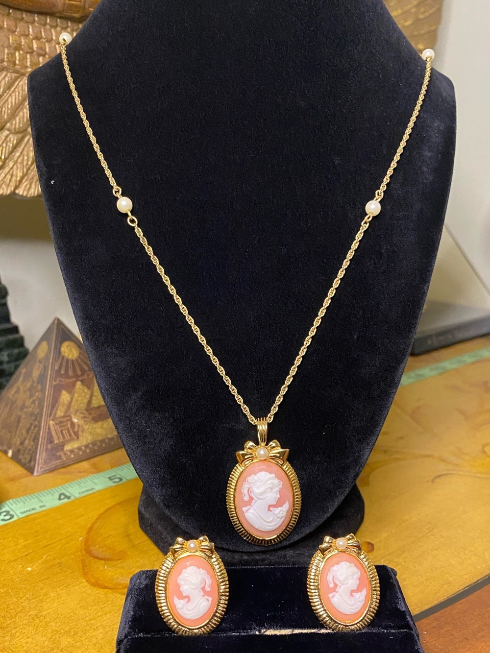 Vintage Gold-Tone Coral Cameo Necklace & Earrings Set - Classic Cameo Jewelry